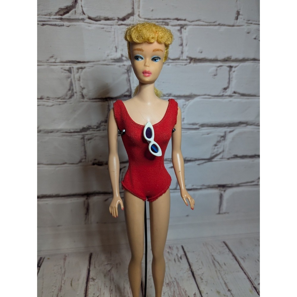 Vintage Barbie #7 Blonde Ponytail #850 Original Swimsuit, Wire Stand, Booklet
